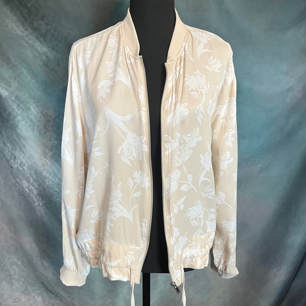 Calligraphie Floral Lightweight Bomber Jacket Women's XL Beige White Zip Up